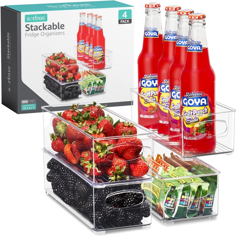 Sorbus Stackable Refrigerator Organizer Bins - Clear Storage Bins for Kitchen Pantry, Freezer & Fridge Organization - Food Organizing Plastic Containers with Handles for Countertops & Drawers (4 Pack) - Image 1